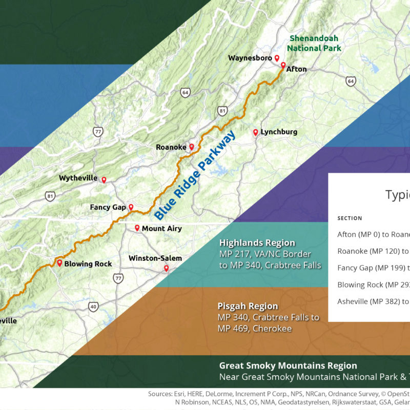 Blue Ridge Parkway Drive Times Map with Regions