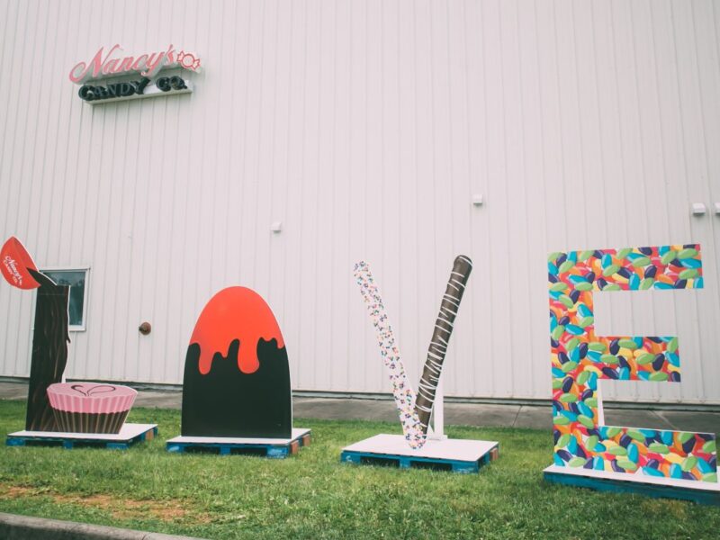 The letters of the LOVE sign at Nancy's Candy Company in Meadows of Dan resemble the shapes of candy.